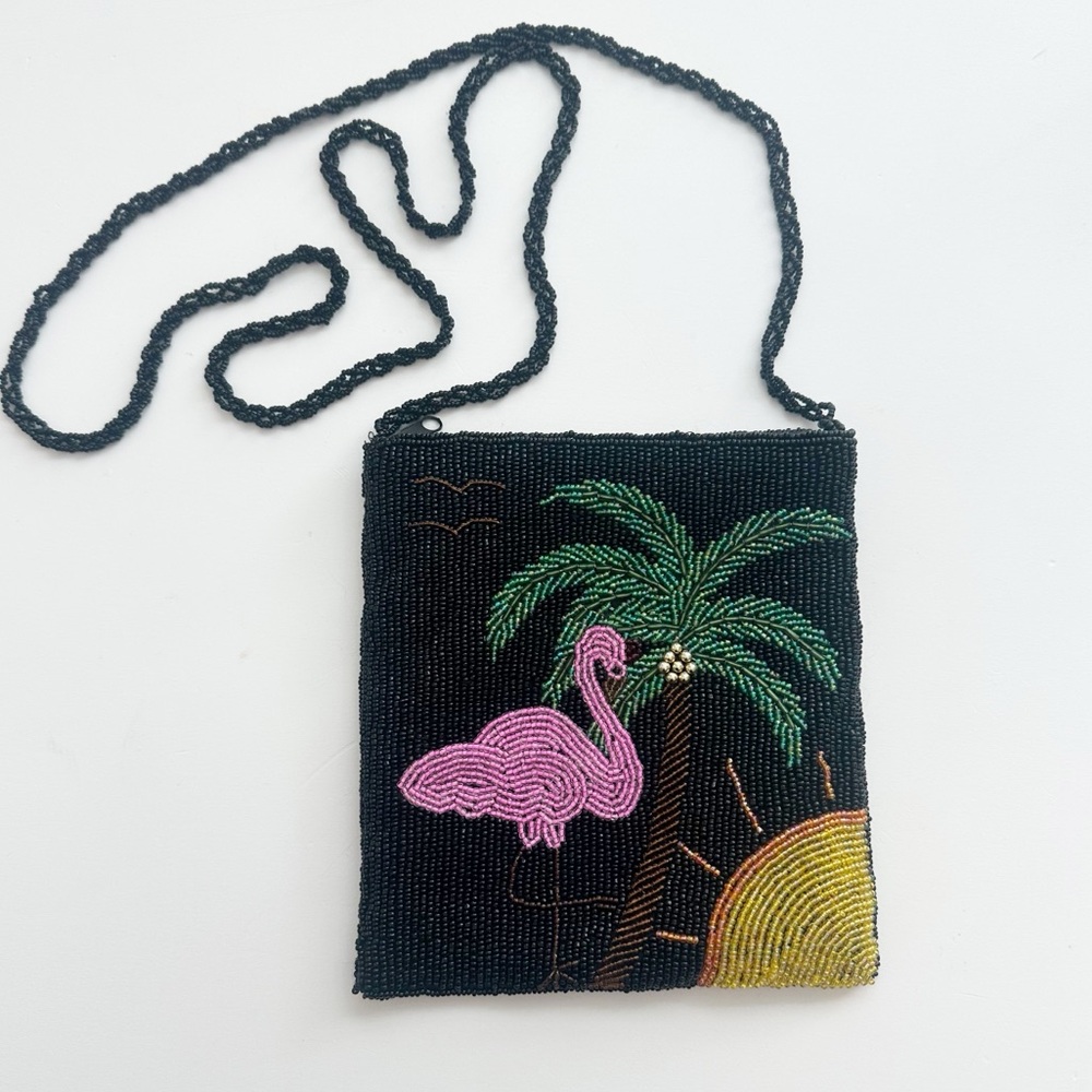 ERMO Beaded Crossbody Bag Flamingo Palm Tree Sun Vacation